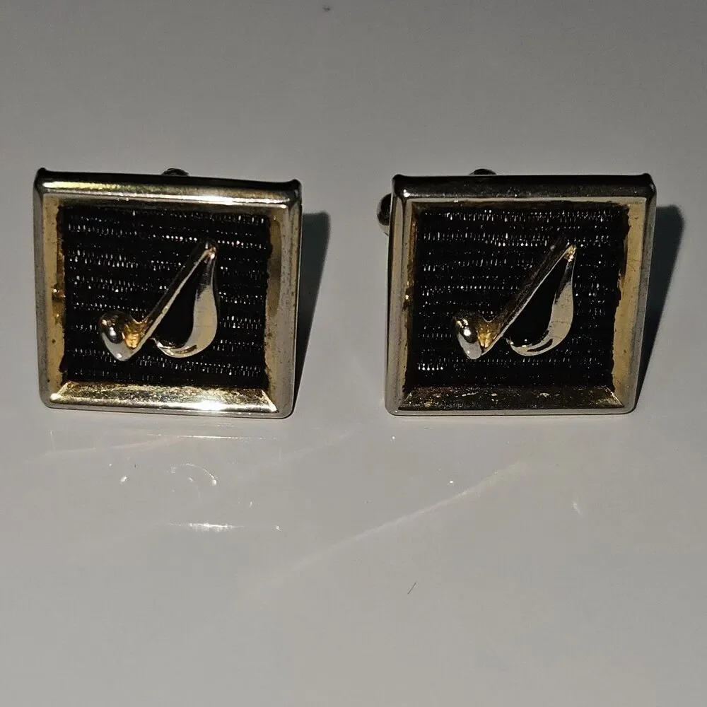 *Sale* Gold Tone Black Vintage 1960's Signed Anson Musical Note Cuff Links